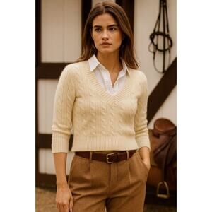 Ralph Lauren Vintage Wool Cashmere Cable Knit V-Neck Sweater Creme White Medium